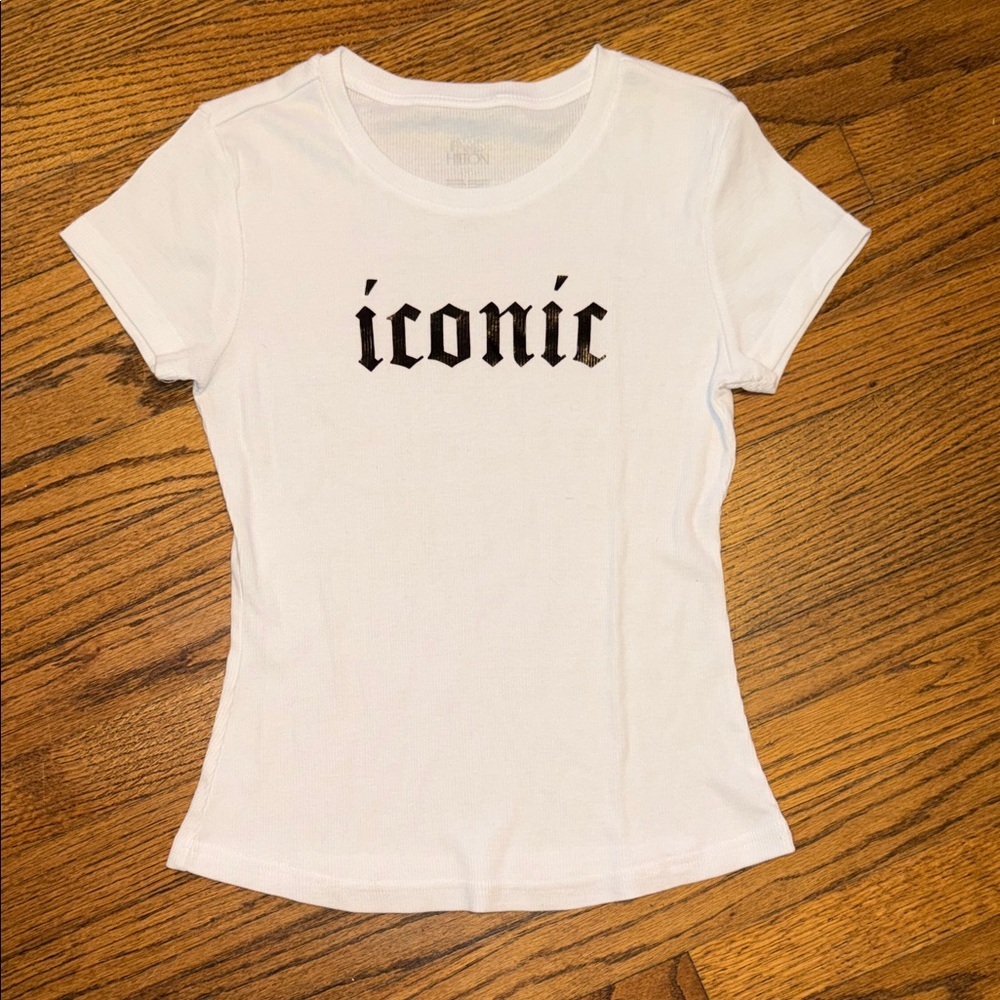 Paris Hilton ICONIC White and Black Ribbed Short Sleeve T- Shirt Top Size Small